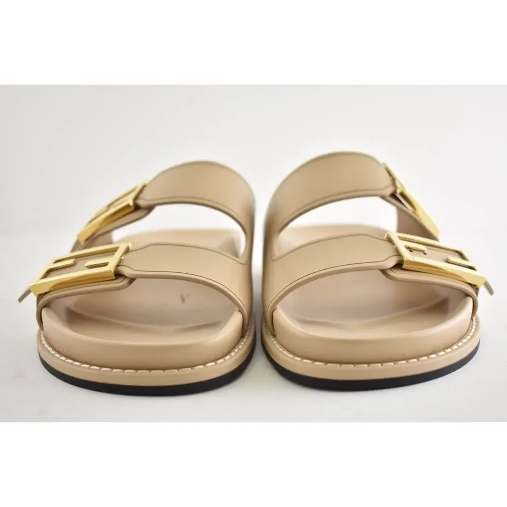 Fendi Feel Dual Strap Beige Leather Gold Logo Buckle Mule Flat Sandal Slide 39.5